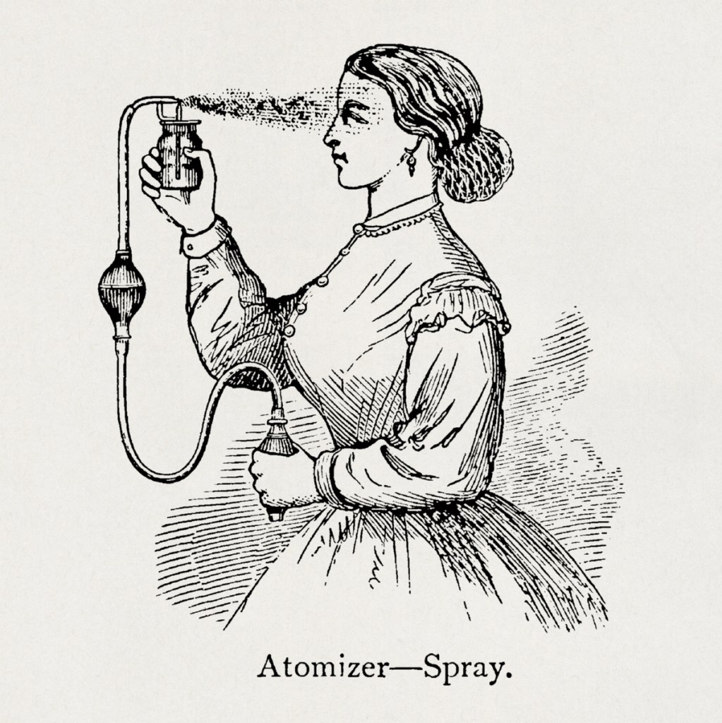 illustration ancienne en noire sur blanc de 1875 montrant une femme de profil utilisant une bouteille de parfum et un truc rond ou quand on appuie dessus ça spray le parfum sauf qu'elle se spray le parfum directement dans les yeux.
